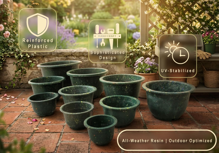 Premium all weather resin planter featuring long lasting UV stabilization technology.