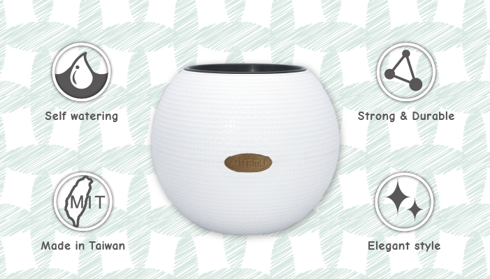 Taiwan made ivory white planter combines self watering function with elegant appearance.